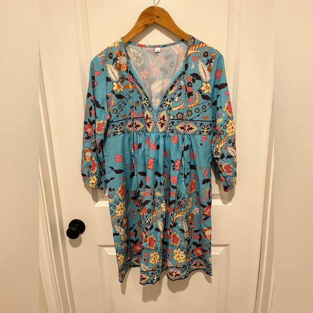 Floral Patterned Blue Dress - Picture 1 of 3